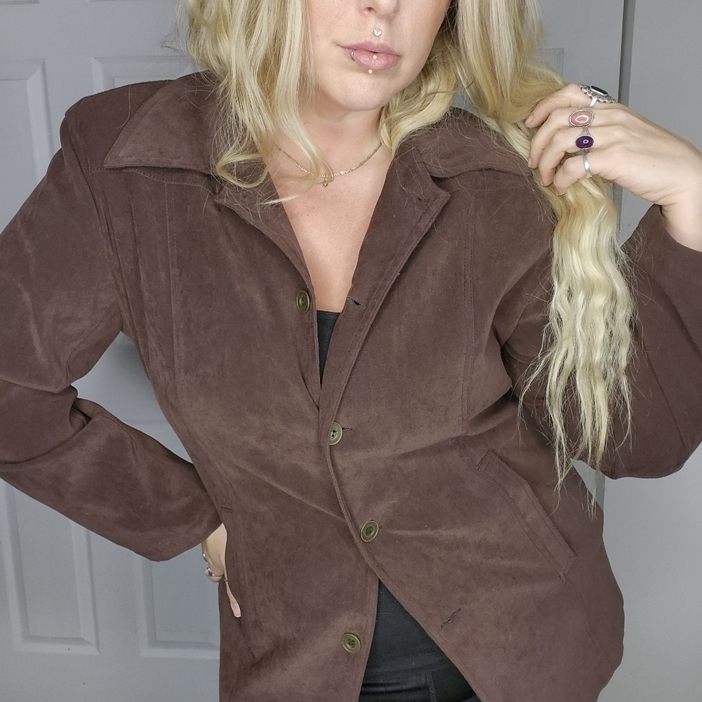 VINTAGE CHOCOLATE BROWN SNAZZIE BLAZER JACKER BRASSY GOLD BUTTONS SIZE M - Picture 3 of 8